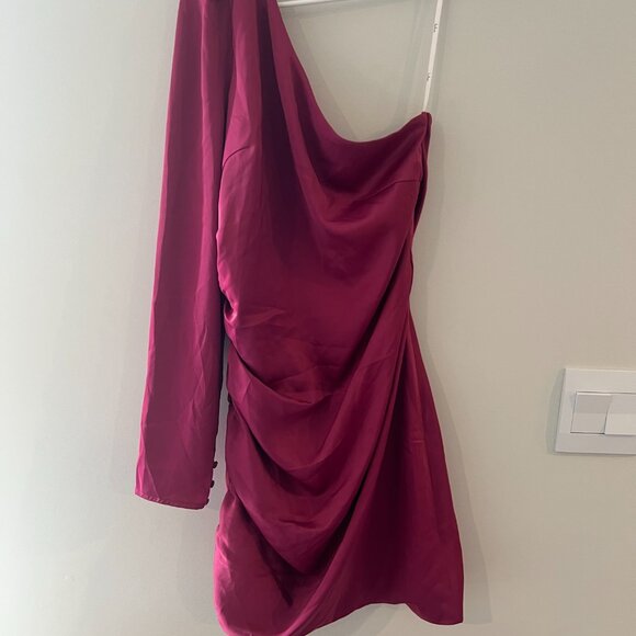 Lulus Magenta Happy Hour Satin Ruched One-Shoulder Mini Dress Women’s Size M - Picture 5 of 11